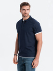 Men's cotton polo shirt with contrast trim - navy blue V4 OM-POSS-0113