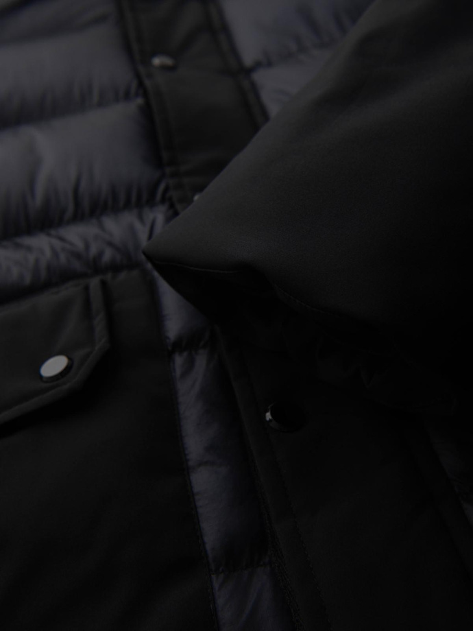 Vyriška ilga dygsniuota striukė su didelėmis kišenėmis - juoda V1 OM-JALJ-0308