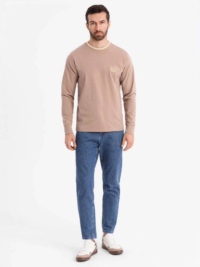 Men's cotton longsleeve with striped U neckline and embroidery - brown V6 OM-LSCL-0128