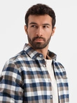 Cămașă clasică bărbătească din flanelă de bumbac cu carouri - maro și bleumarin V1 OM-SHCS-0157