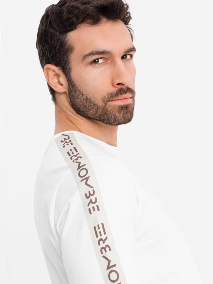 Men's cotton U-neck longsleeve with piping and chest print - broken white V3 OM-LSCL-0127