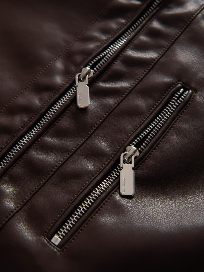 Pánska bunda z imitácie kože s rebrovaným lemom - tmavohnedá V1 OM-JAFL-0109