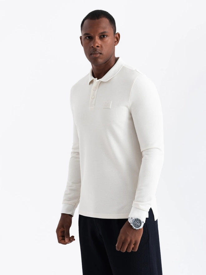 Structured men's polo longsleeve with patch - white V2 OM-POLS-0131