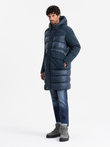 Men's quilted long jacket with large pockets - navy blue V4 OM-JALJ-0165