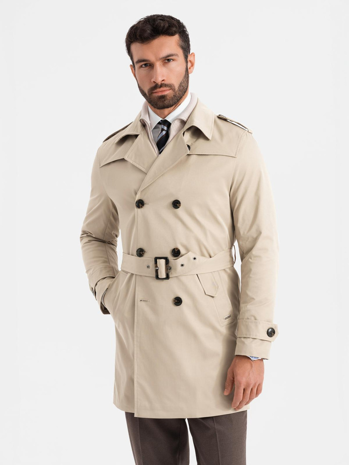 Elegant men's SLIM FIT trench coat with belt - beige V1 OM-COSC-0126