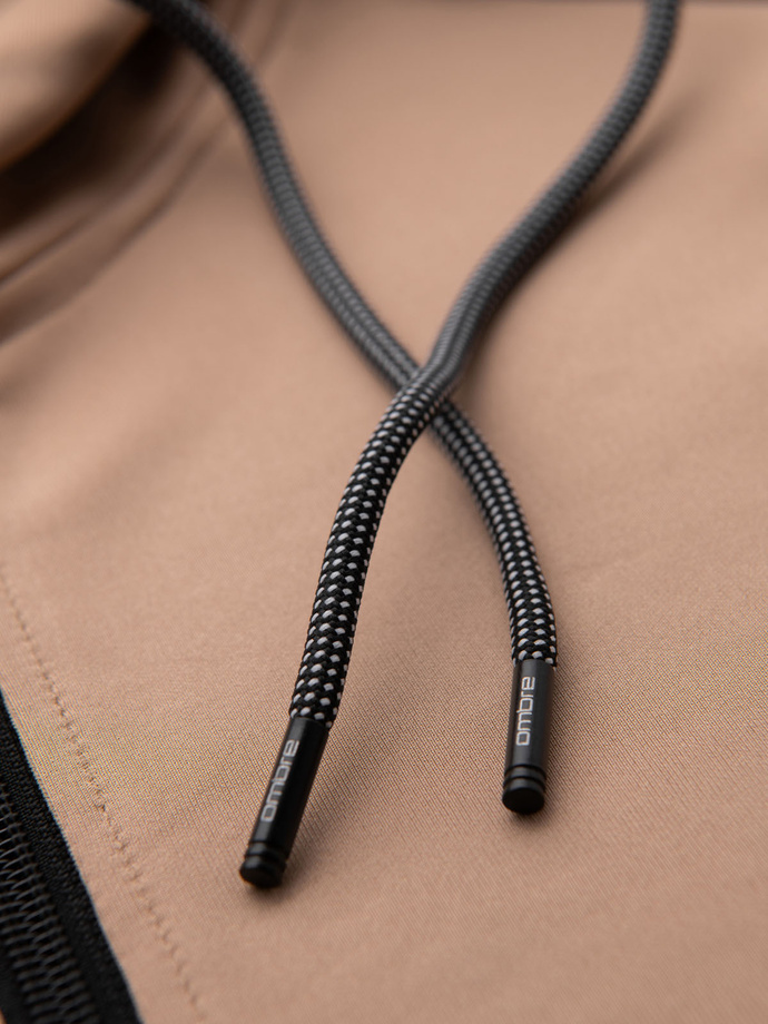 Vyriškas džemperis su gobtuvu ir apvadais - smėlio spalvos V4 OM-SSZP-0210