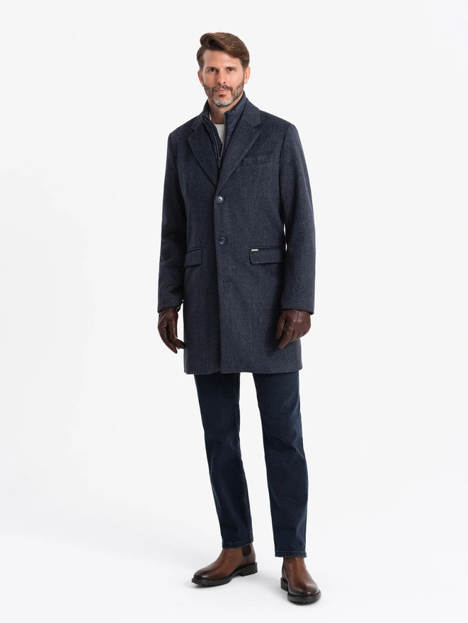 Unzipped men's wool coat - navy blue V1 OM-COWC-0121
