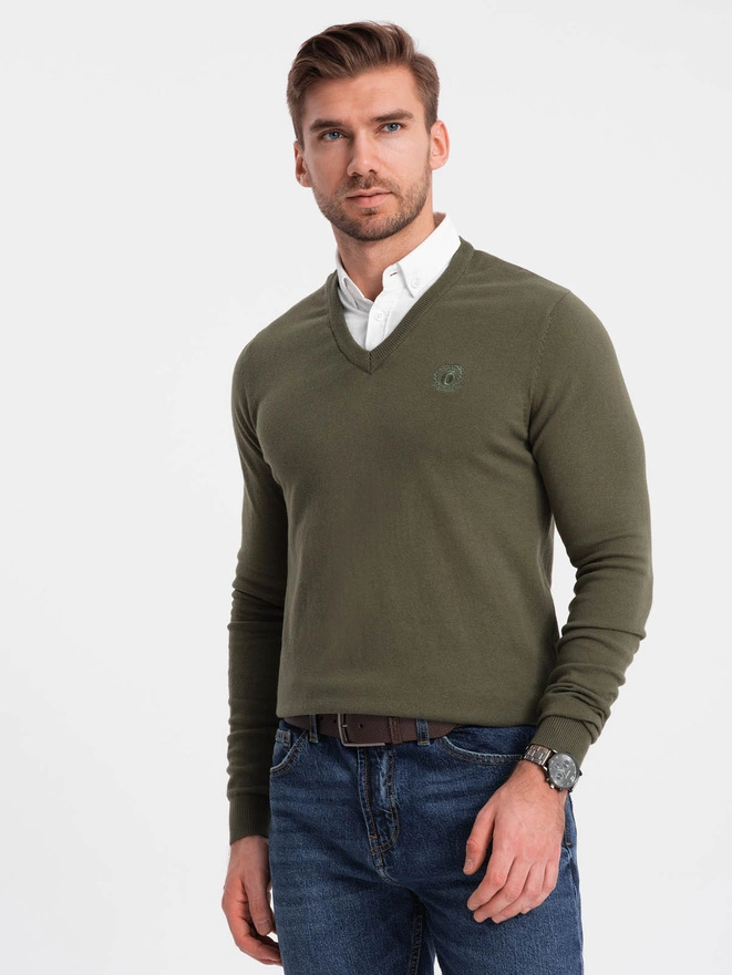 Men's sweater with v-neck with shirt collar - dark olive V5 OM-SWSW-0102
