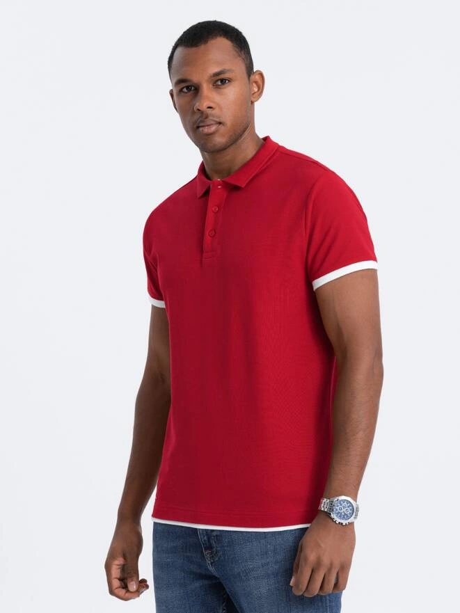 Men's cotton polo shirt with contrast trim - red V2 OM-POSS-0113