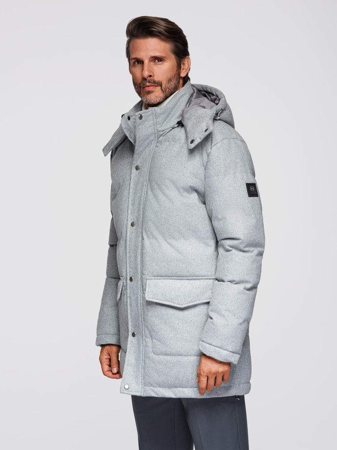 Jachetă parka lungă pentru bărbați cu lână - gri deschis melange V3 OM-JALJ-0217