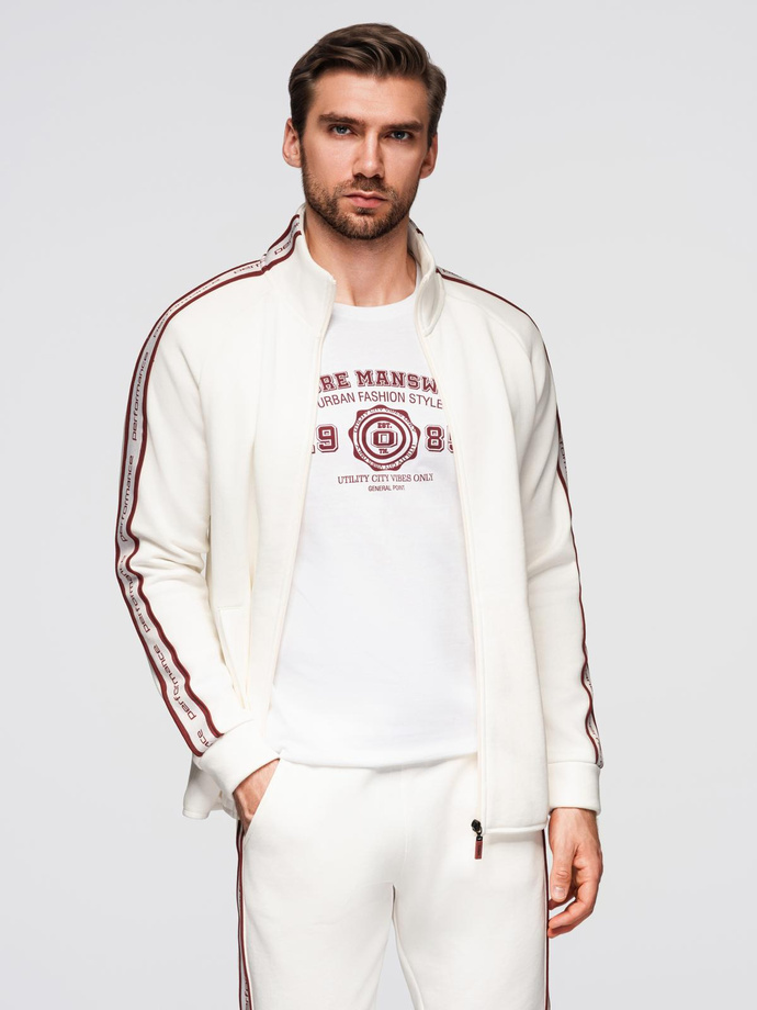 Men's unbuttoned sweatshirt with piping and high collar - cream V2 OM-SSZP-0224