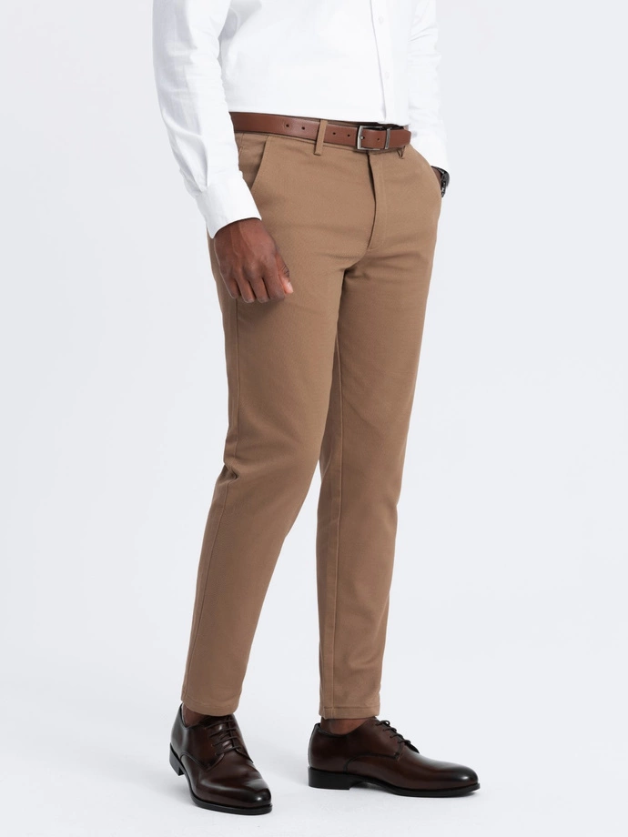 Pantaloni chino SLIM FIT pentru bărbați SLIM FIT cu textură fină - maro V2 OM-PACP-0190