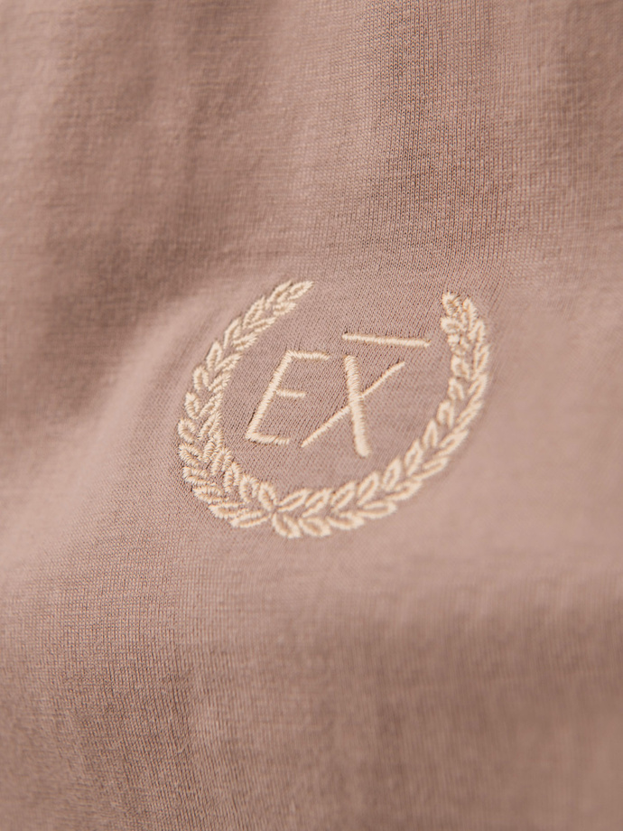 Men's cotton longsleeve with striped U neckline and embroidery - brown V6 OM-LSCL-0128