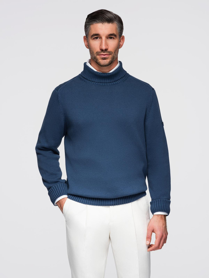 Men's turtleneck knit sweater - dark blue V2 OM-SWTN-0163