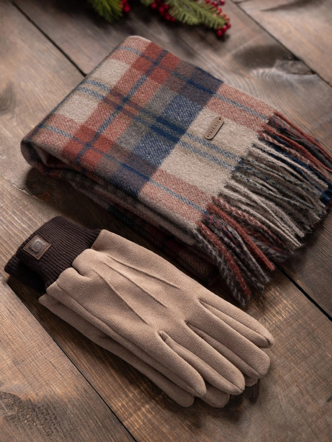 Gift set for him in brown - checkered scarf + gloves - Z92