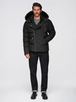 Men's quilted jacket with cut of ramoneski with hood - black V1 OM-JAHP-0252