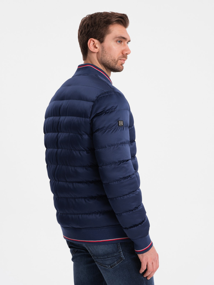 Men's satin finish bomber jacket with contrasting ribbed cuffs - dark blue V2 OM-JALP-22FW-007