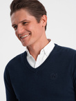 Men's sweater with a "v-neck" neckline with a shirt collar - navy blue V2 OM-SWSW-0102