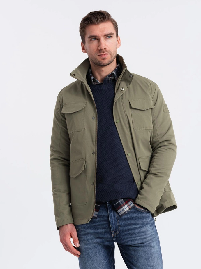 Men's lightweight jacket with pockets and high collar - khaki V3 OM-JALP-0167