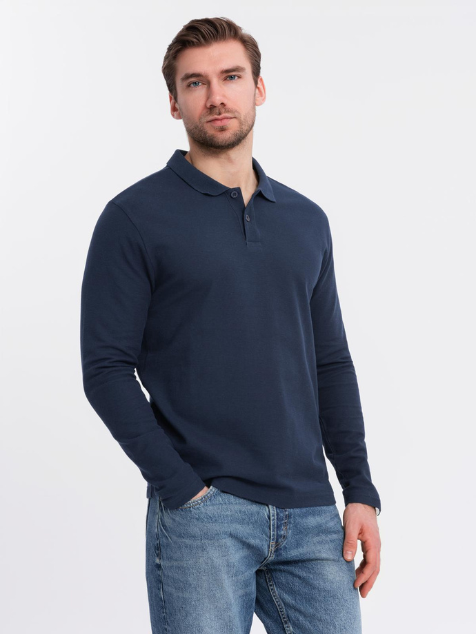 Men's BASIC longsleeve with polo collar - navy blue V3 OM-POBL-0114