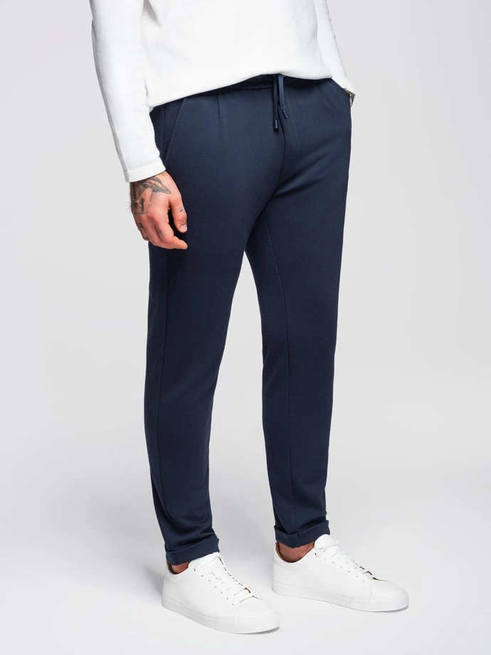 Men's pique knit pants with adjustable waistband - navy blue V1 OM-PACP-0283