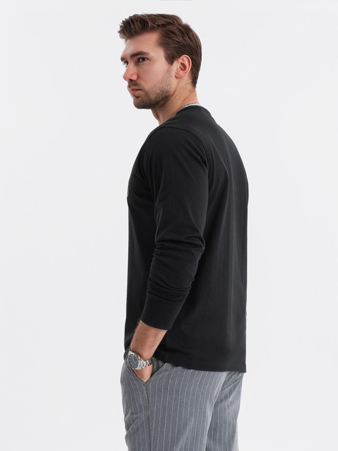 Men's cotton longsleeve with striped U neckline and embroidery - black V4 OM-LSCL-0128