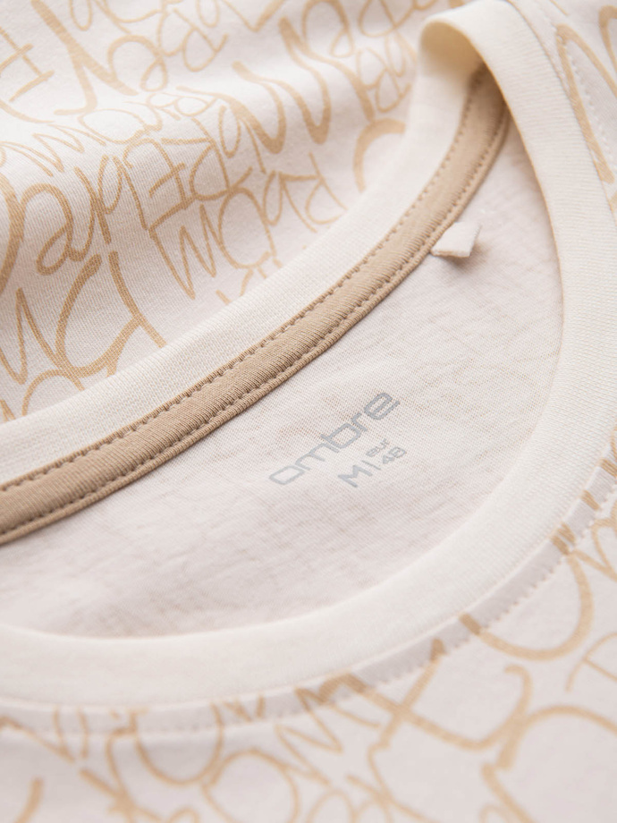 Men's cotton t-shirt with letter print and pocket - cream and brown V1 OM-TSFP-0188