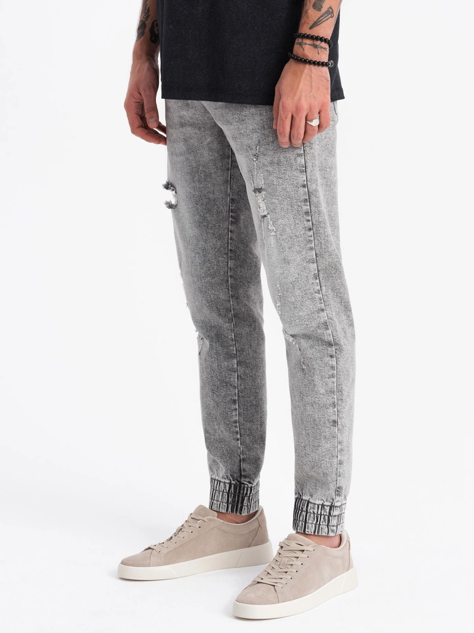 Men's JOGGERS denim pants with rubbing - light grey V4 OM-PADJ-0150