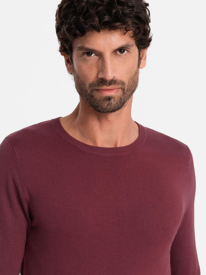 BASIC men's viscose classic sweater with round neckline - maroon V11 OM-SWBS-0106