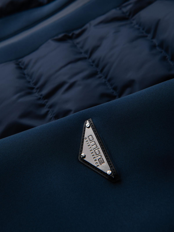 Quilted bomber jacket with hood and knitted sleeves - navy blue V2 OM-JALP-0298