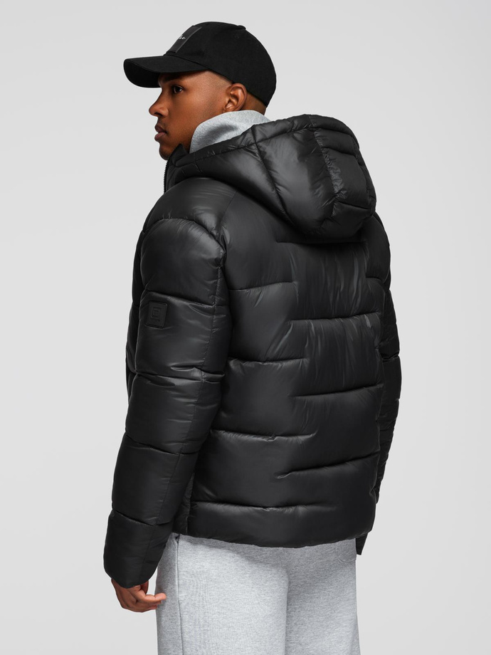 Men's quilted puffer jacket with hood - black V1 OM-JAHP-0235
