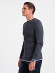 Men's cotton sweater with round neckline - navy blue melange V3 OM-SWSW-0103