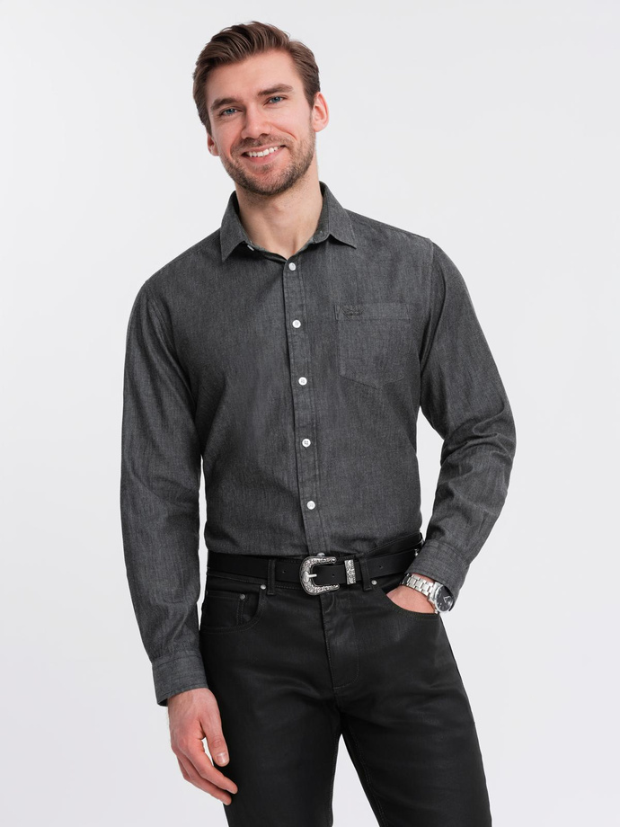 Men's denim shirt with embroidered pocket - black V2 OM-SHDS-0181