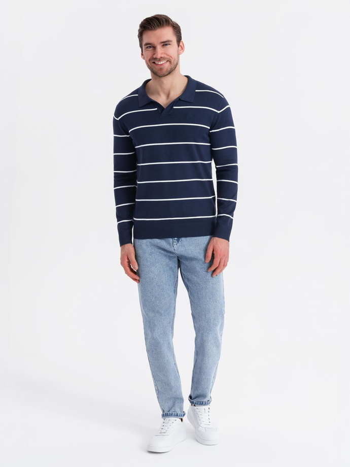 Men's horizontal striped polo longsleeve with viscose - navy blue and white V1 OM-POLS-0146