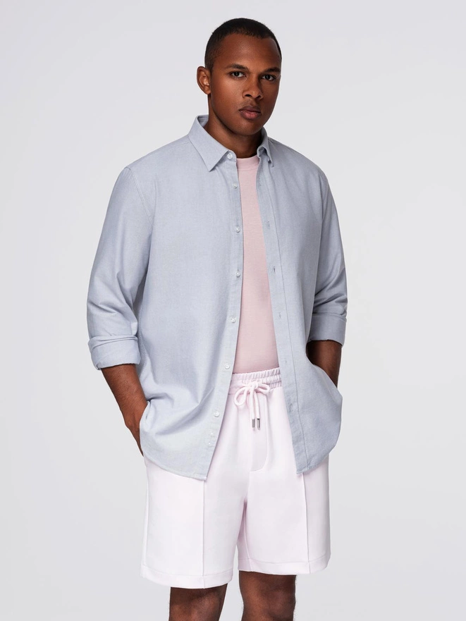 Elegant men's oxford shirt with embroidery - blue V1 OM-SHOS-0172