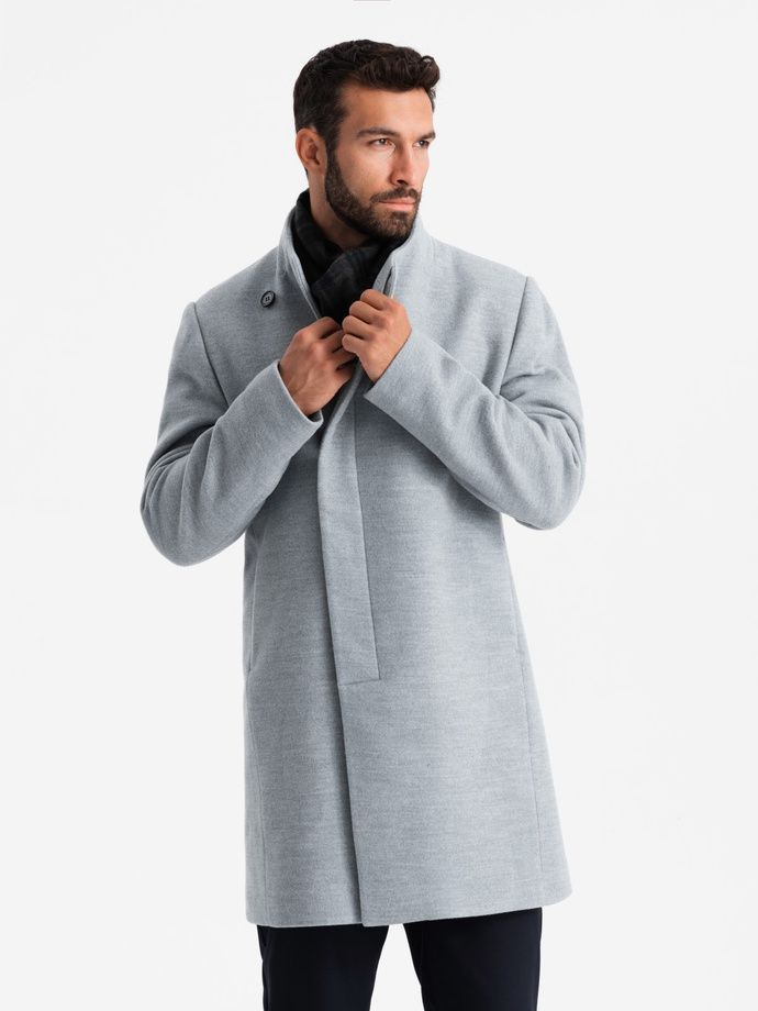 Men's coat with high collar and asymmetrical fastening - grey melange V1 OM-COWC-0120