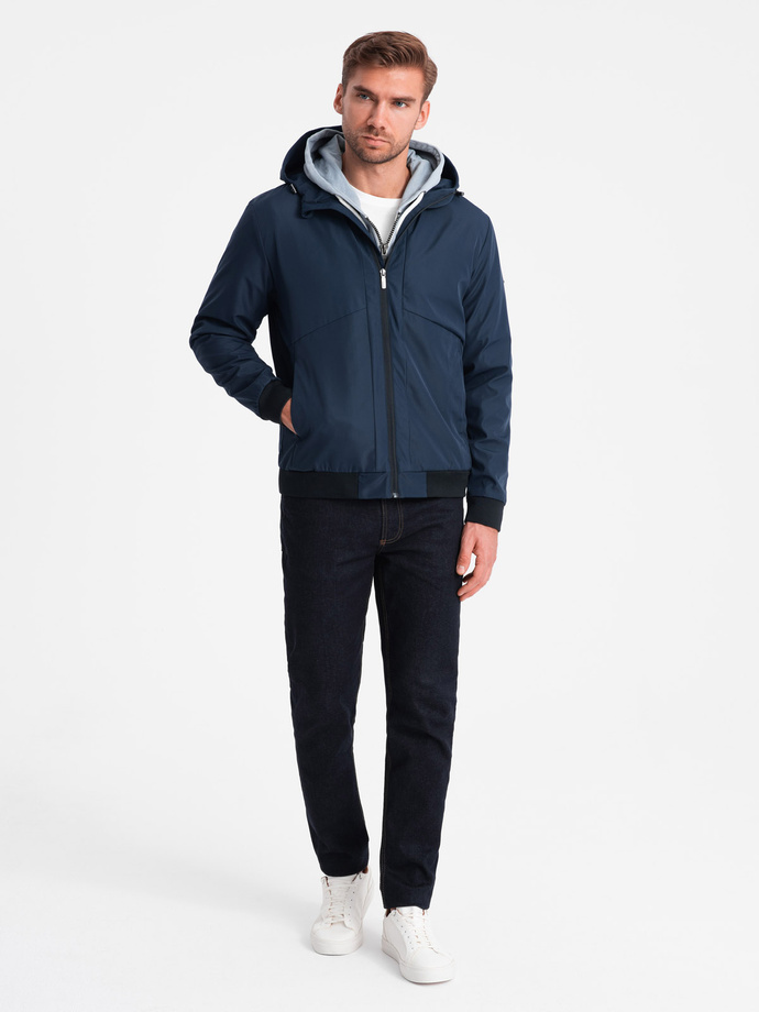 Men's lightweight jacket with hood and mesh lining - navy blue V1 OM-JANP-0149