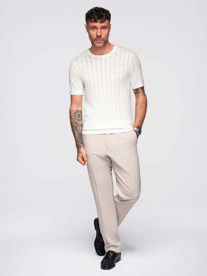 Men's openwork sweater with round neckline and short sleeves - white V1 OM-TSCT-0251