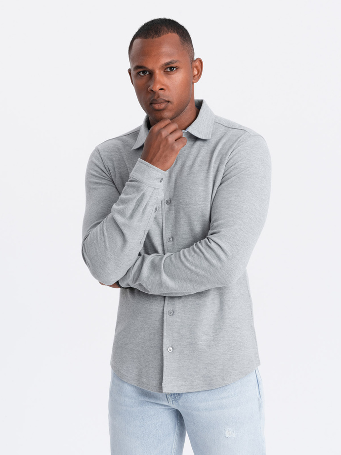 Pánska pletená košeľa SLIM FIT s dlhým rukávom - sivá V5 OM-SHCS-0177