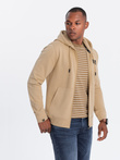 Men's unbuttoned sweatshirt with hood and patch - sand V2 OM-SSZP-0140