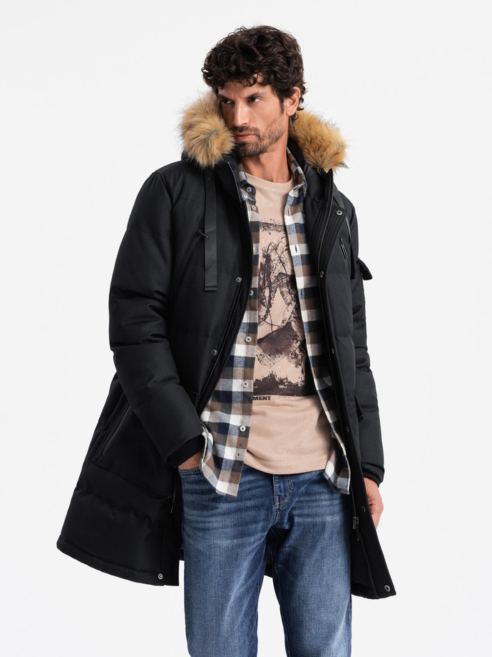 Men's long warm parka jacket with hood - black V2 OM-JALJ-0182