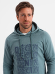Men's non-stretch kangaroo sweatshirt with hood and print - turquoise V2 OM-SSPS-0158