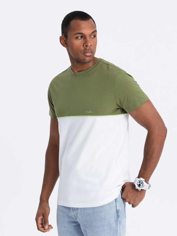 Tricou bărbătesc din bumbac bicolor - olive și alb V5 S1619