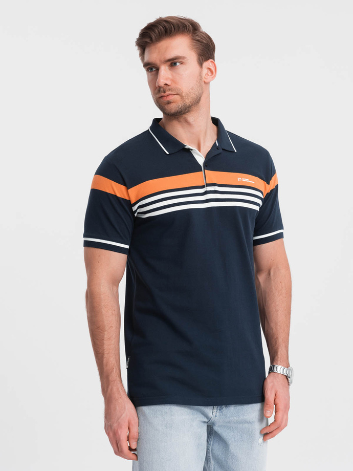 Tricou polo pentru bărbați cu dungi în două tonuri - albastru marin V1 OM-POSS-0127