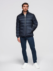 Men's quilted jacket with sheen and stand-up collar - dark blue V2 OM-JALP-0218