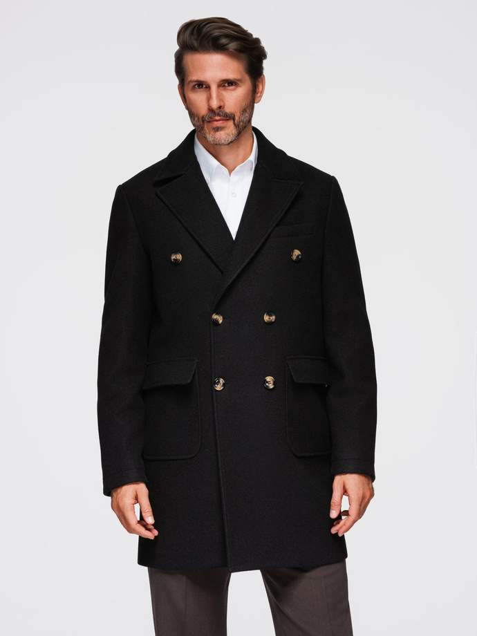 Men's double-breasted coat with decorative buttons - black V2 OM-COWC-0137