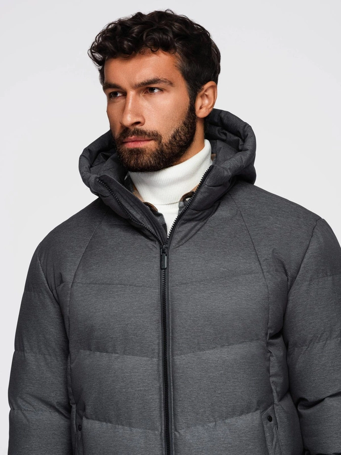 Men's long quilted jacket with hood - grey V2 OM-JALJ-0264