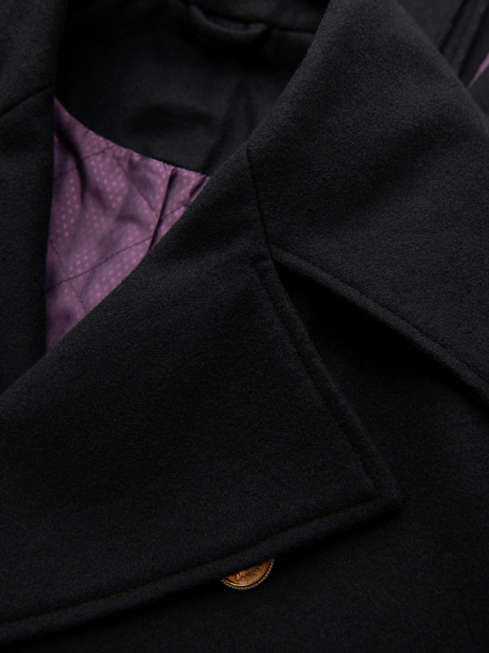 Men's double-breasted coat with wool and bead appliqués on sleeves - black V1 OM-COWC-0148