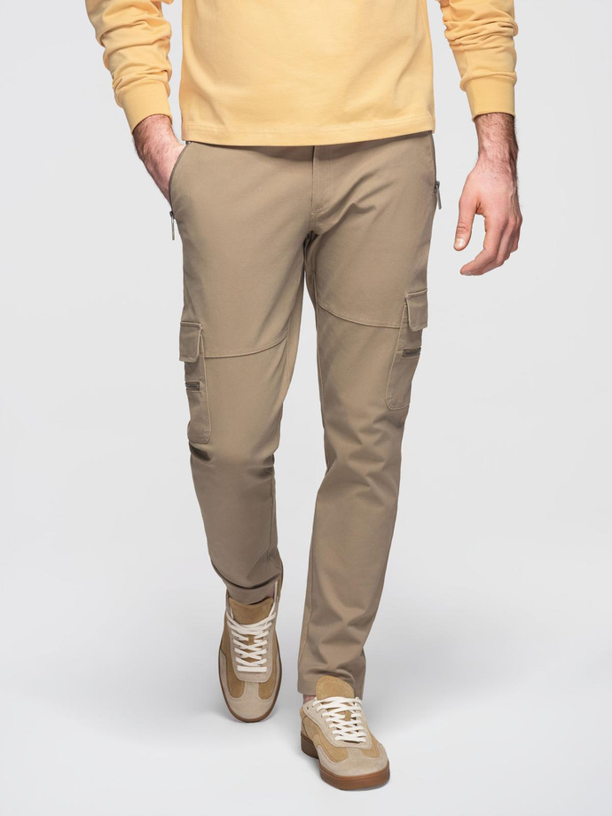 Pánske cargo nohavice STRAIGHT LEG s vreckami na zips - khaki V3 OM-PACG-0204