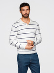 Men's horizontal striped polo longsleeve with viscose - white and navy blue V2 OM-POLS-0146